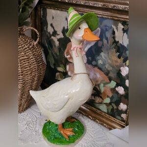 Easter Standing Duck/Goose with Green and Pink Bonnet Style Sun Hat & pink bow
